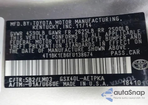 2015 Toyota Avalon Limited z USA, uszkodzony, nr VIN 4T1BK1EB6FU138674